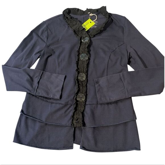 NEON BUDDHA WomeBlue Black Stretch Cotton Jacket Cardigan XS Button Front Ruffle - Picture 1 of 7